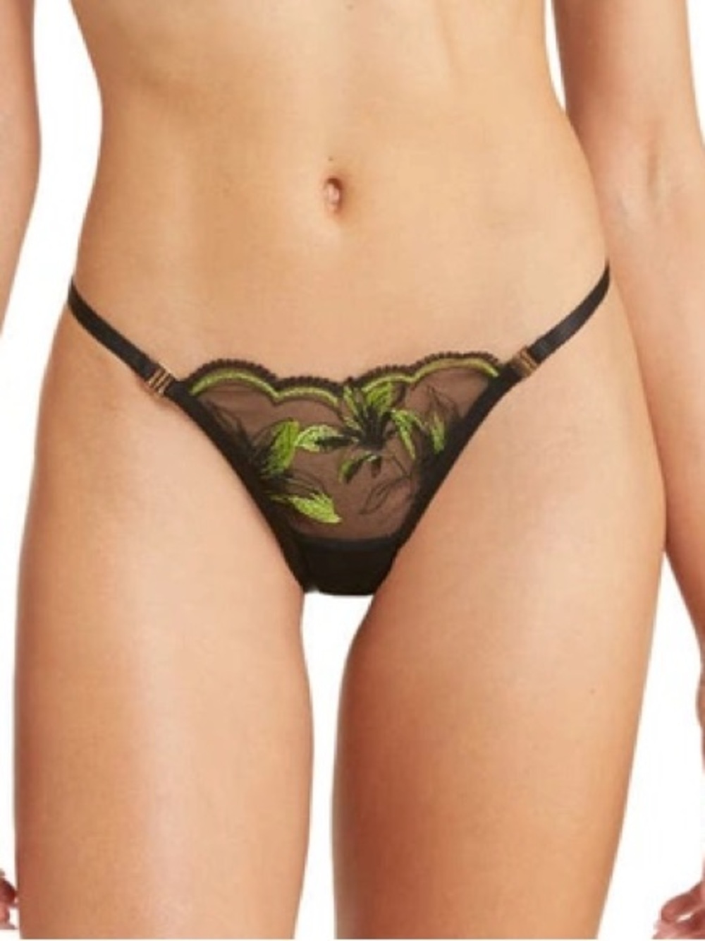 Coppelia Sheer Black Thong with Lime Green Floral Embroidery